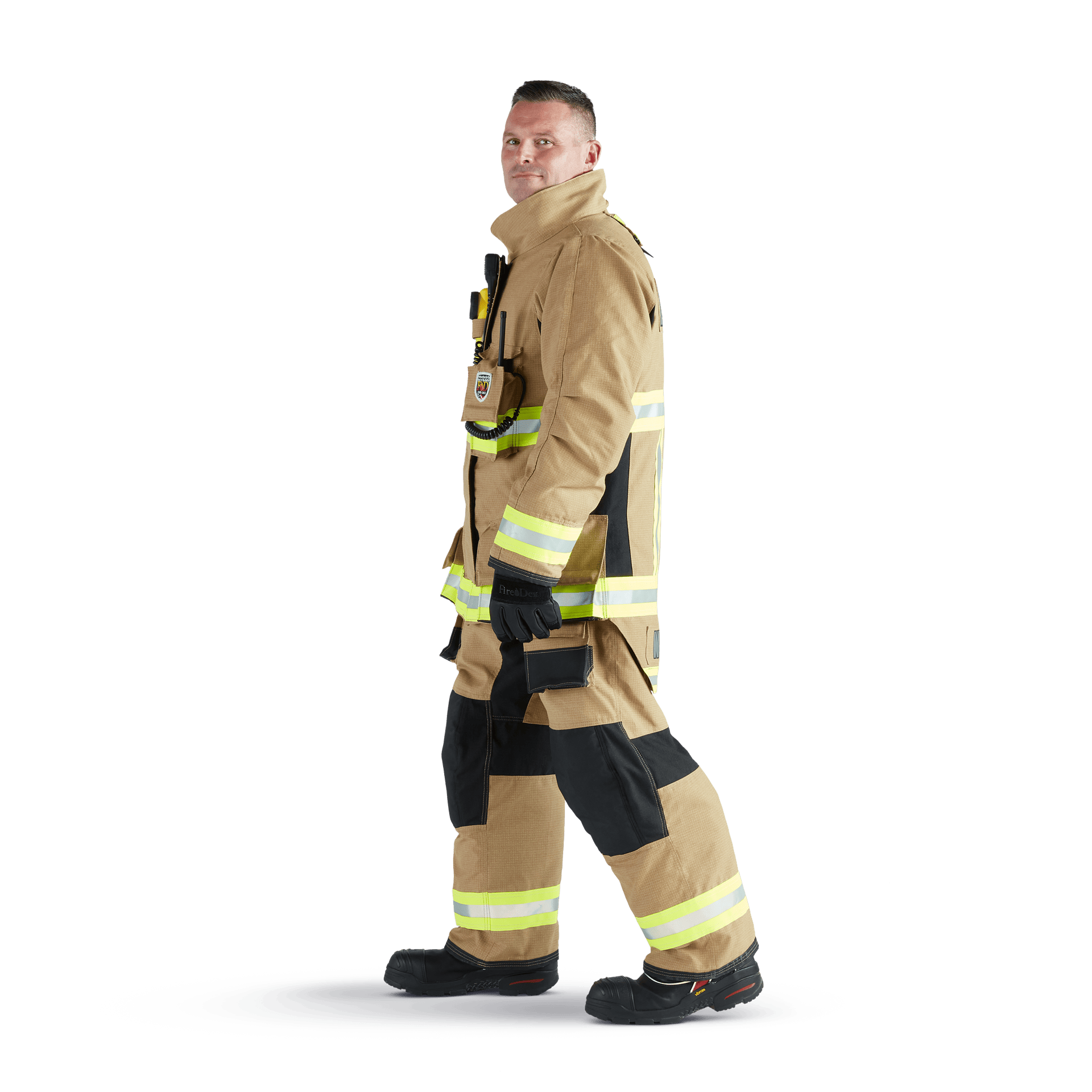 Firefigher wearing gear side view