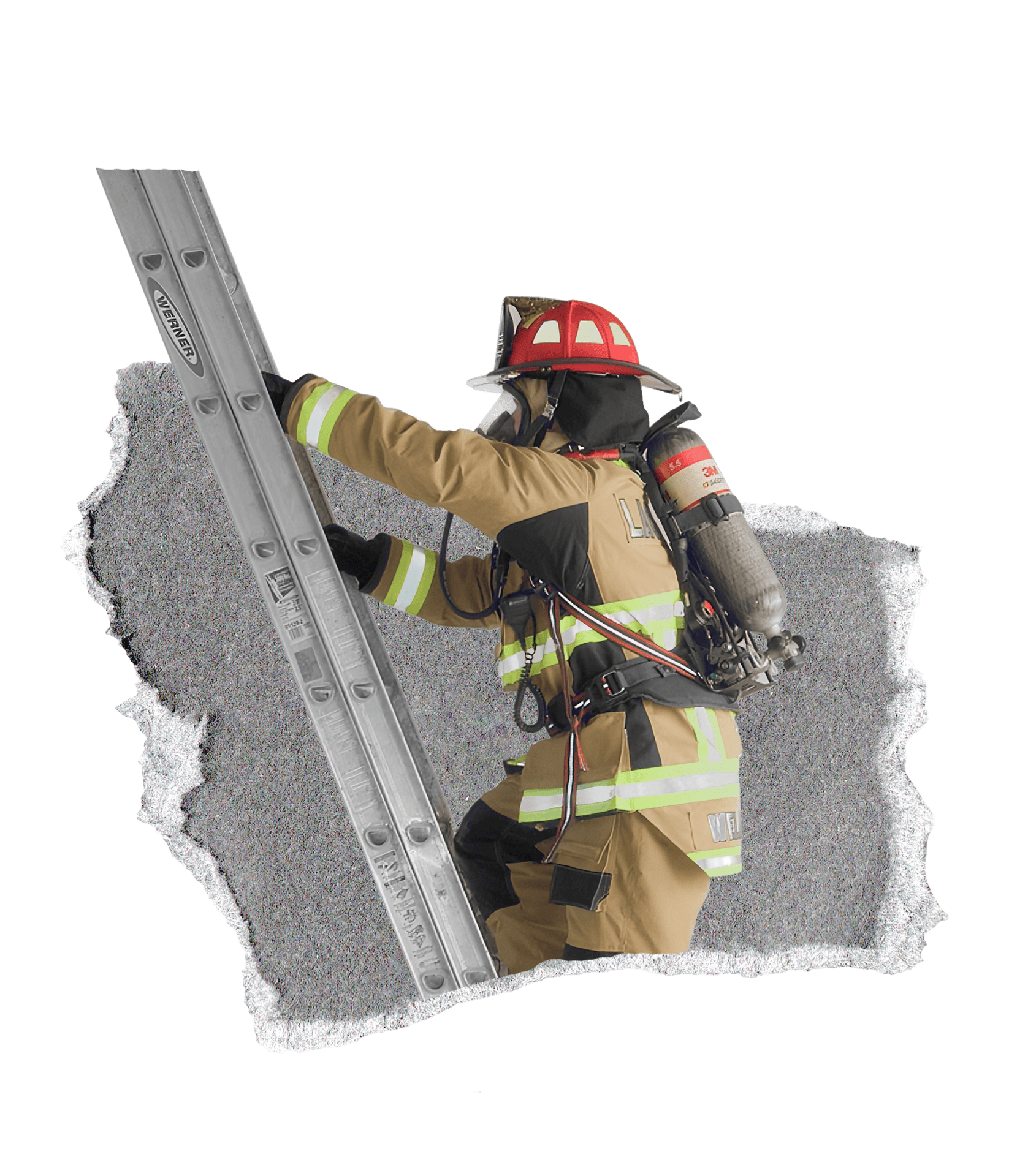 Firefighter climbing ladder in AeroFlex Turnouts