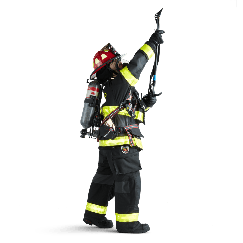 Firefigher wearing gear using tool